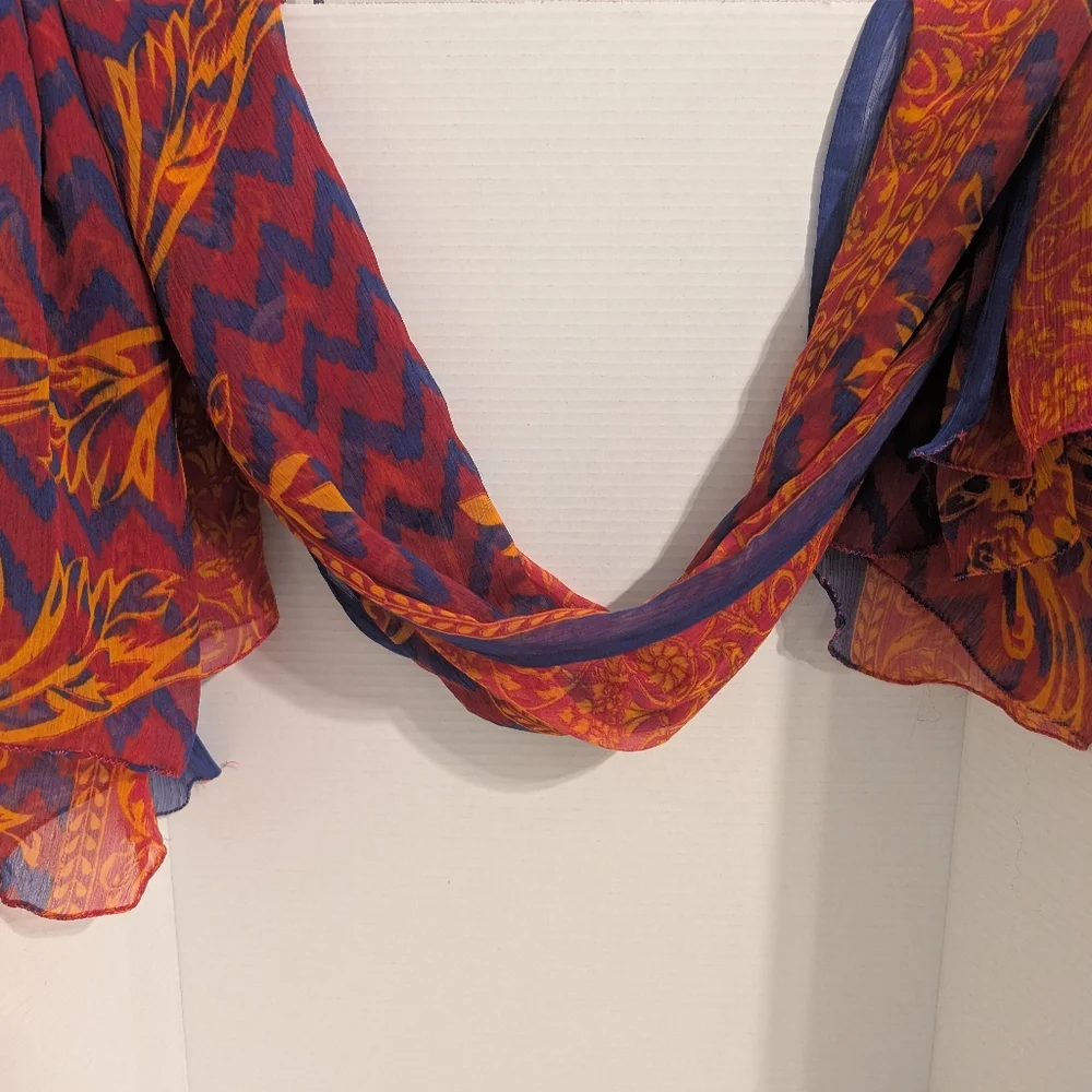 Sheer Large Royal Blue, Red and Orangy Gold Shawl, Scarf or Wrap - Picture 3 of 7